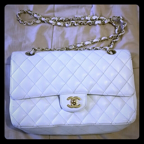 Authentic Chanel White Caviar Classic Flap Bag
