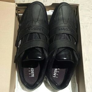 Lacoste black leather tennis shoes