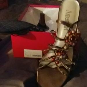 Brown strap heels with red,beige brown beads
