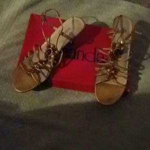 Elegant Gold Straps heels. Red,beige brown beads