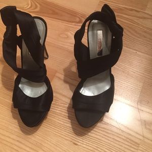 Halston Heritage black open toe glitter platform