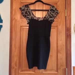 Leopard and black flounce sleeve bodycon dress