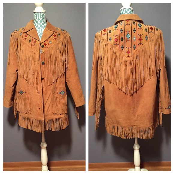 Jackets & Blazers - Caramel Suede Leather Jacket w/ Fringe&Aztec Print