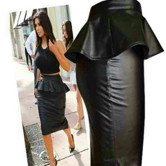 Black Faux Leather look Peplum Midi Skirt