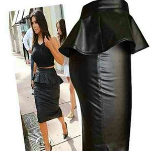 Black Faux Leather look Peplum Midi Skirt
