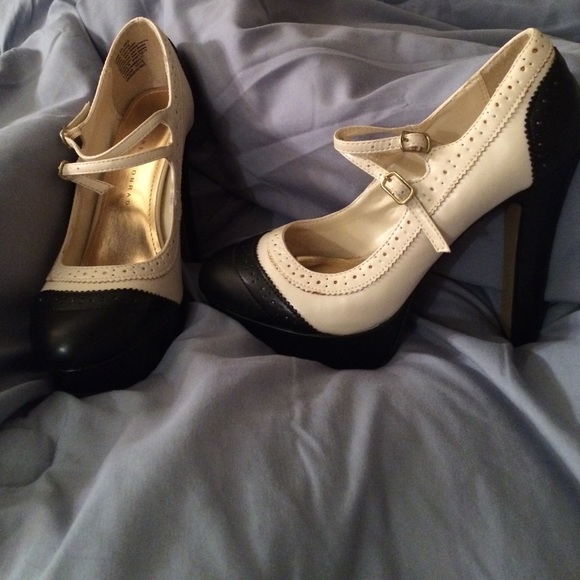 Tan and navy high heels