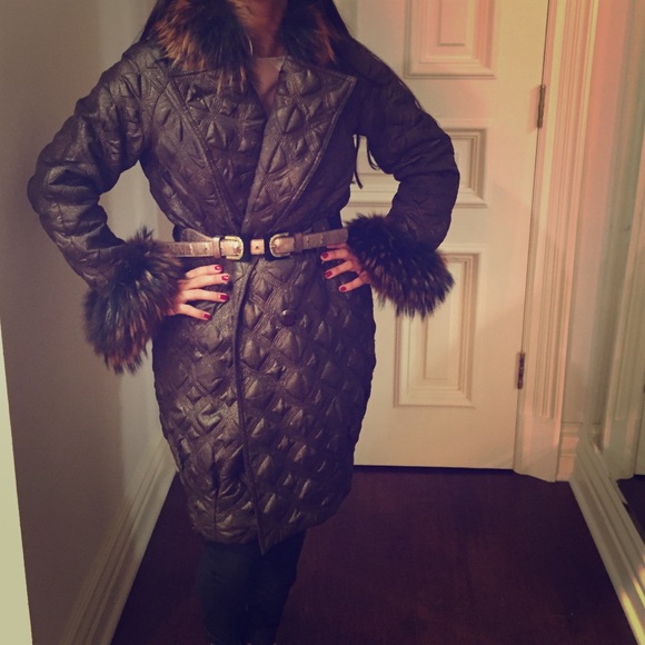 Milanzi Italian brown metallic coat w/ belt + fur
