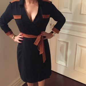 DVF black wrap dress with brown suede accents