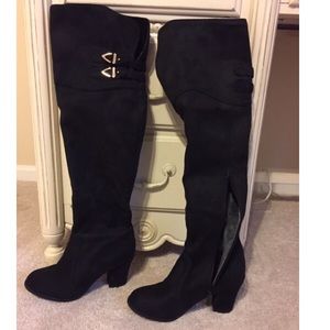Black faux suede over-the-knee boots; 2.25" heel