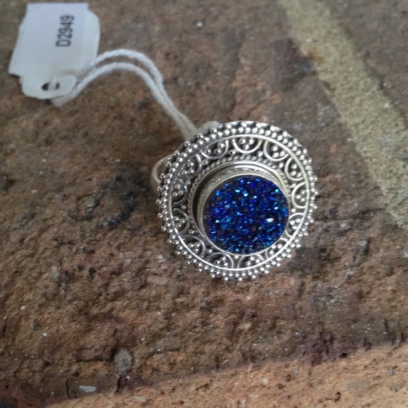 NATURAL BLUE TITANIUM DRUZY 925 RING - Picture 1 of 4