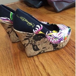 Ed Hardy peep toe wedges