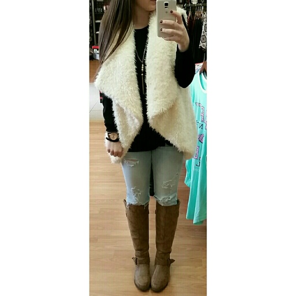 white draped fold front fur vest