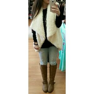 white draped fold front fur vest