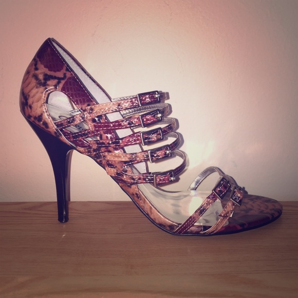 Snakeskin print Marsala and Blush stiletto sandal