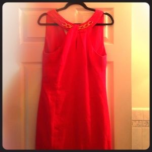 Gold embellished coral cocktail dress