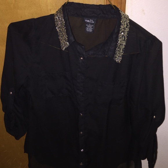 Black button down with glittery gold colar