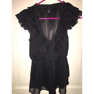 Black Ruffle Front Top