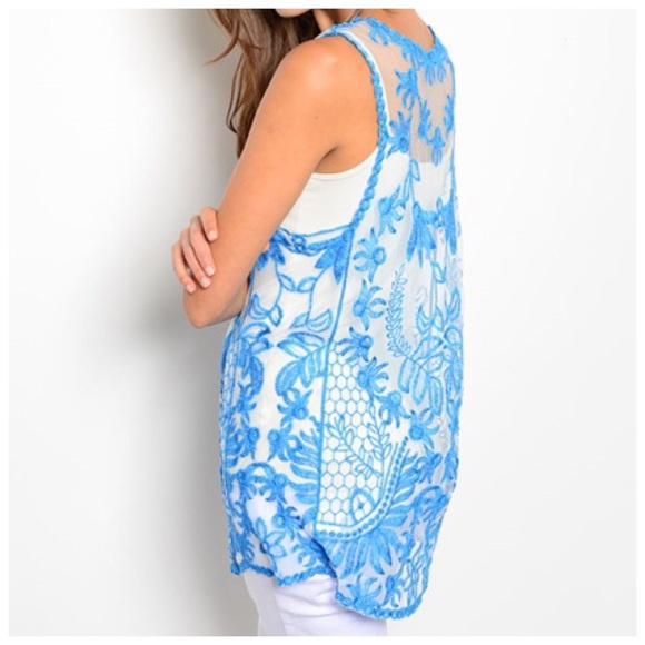  D3 Sheer Aqua Blue White Embroidery Flower Top - Picture 2 of 4