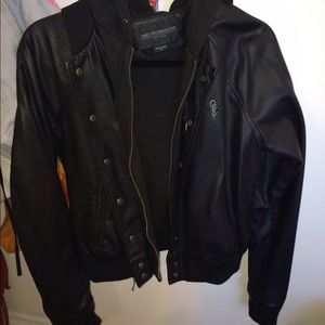 black leather bomber hooded jacket