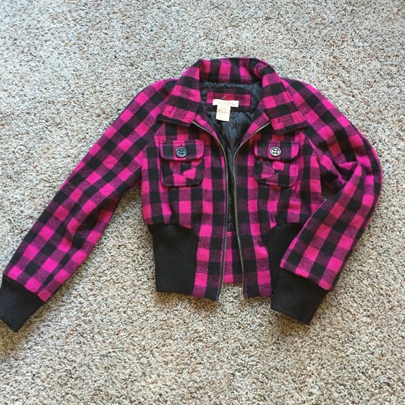 pink and black checkered jacket