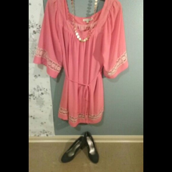Xl, Coral, 3/4 sleeve dress with lace detail
