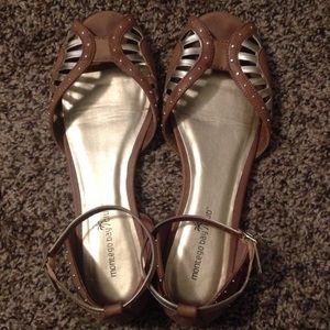 Tan and gold peep toe flats with ankle strap