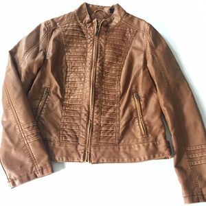 Cognac Leather Stand Up Collar Jacket