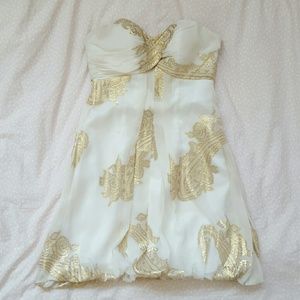 Cute Strapless Bubble Dress Gold Floral Pattern