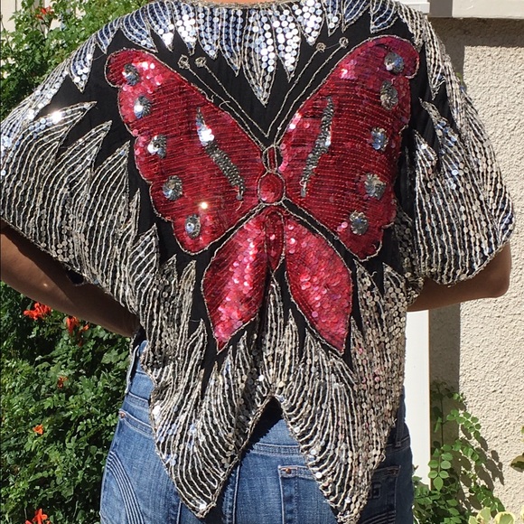 Vintage 100% silk butterfly sequin blouse - Picture 2 of 4