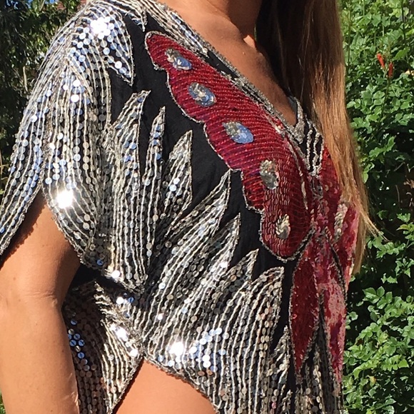 Vintage 100% silk butterfly sequin blouse - Picture 3 of 4