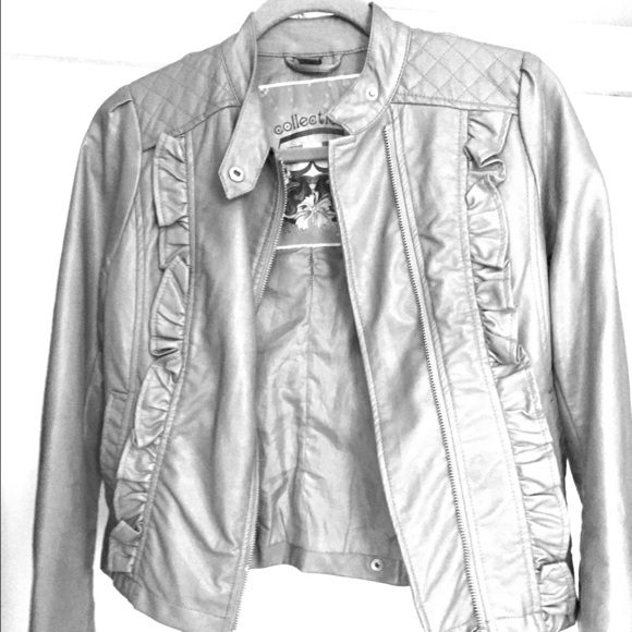 Grey Crop Faux Leather Moto Jacket