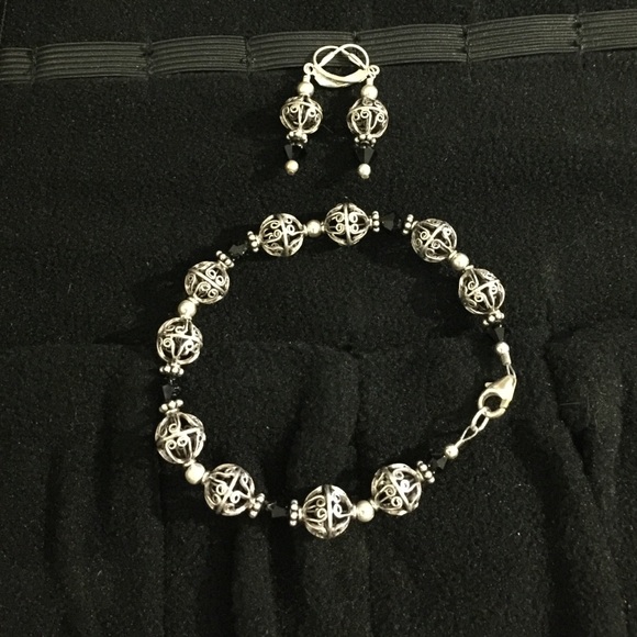 Silver Earrings and Bracelet with Black NWOT - Picture 1 of 4