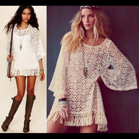 Hippie Boho Dress w/ Bell Sleeves + Gypsy Fringe