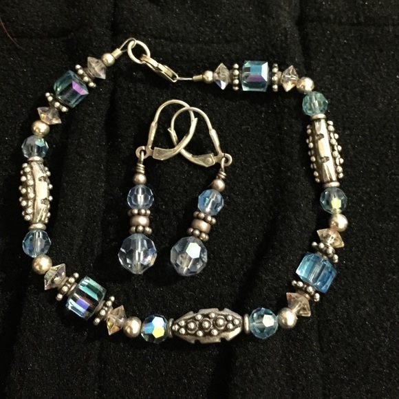 Silver NWOT Bracelet and Earrings with Blues