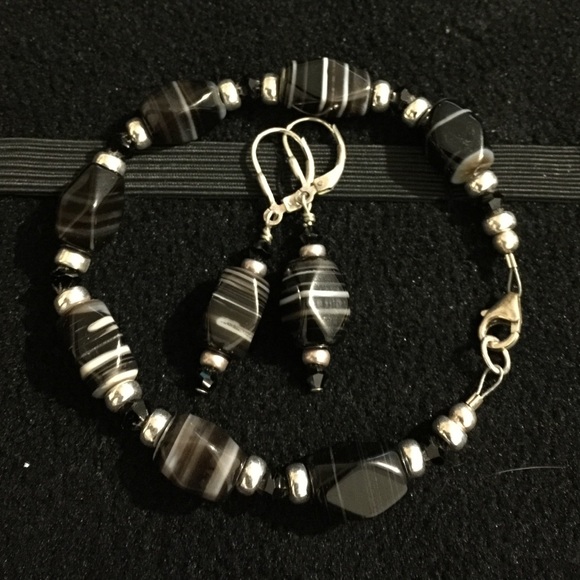 Silver and Black Marbling Bracelet and Earrings