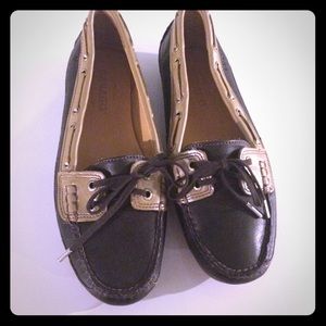 NWOT Brown & Metallic Gold Trim Sebago Boat Shoes!