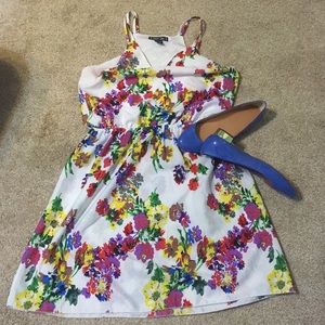 Fun silky floral dress on white w/ double straps