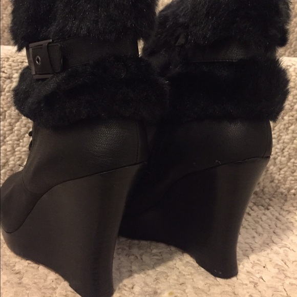 Saks Fifth Shoes Authentic Saksfifth Black Leather Wedge Fur Boots