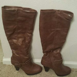 COGNAC BROWN STUDDED TALL BOOTS
