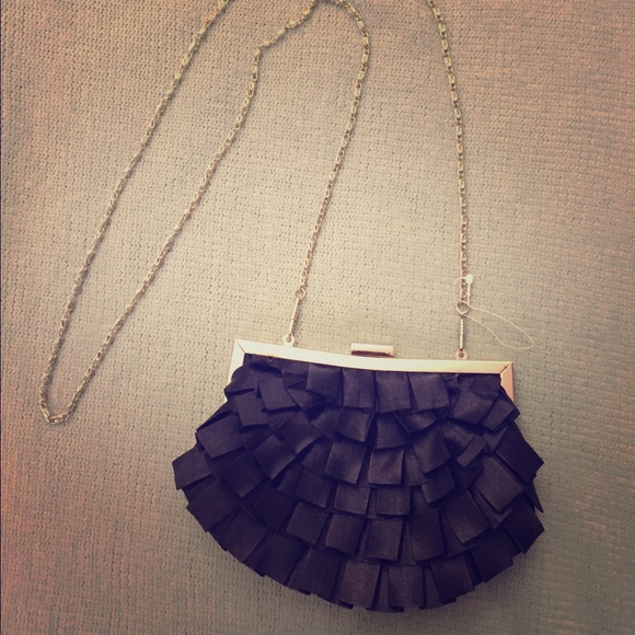Navy Satin Ruffled Clutch with Silver Chain