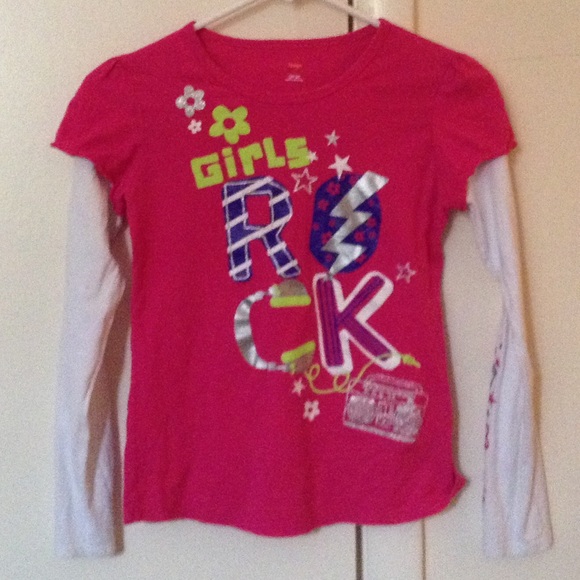 Kids Pink and White 'Girls Rock' Long Sleeve Tee