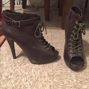 Brown open toe booties.