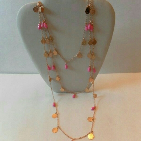 Gold & pink triple strand long necklace NWT