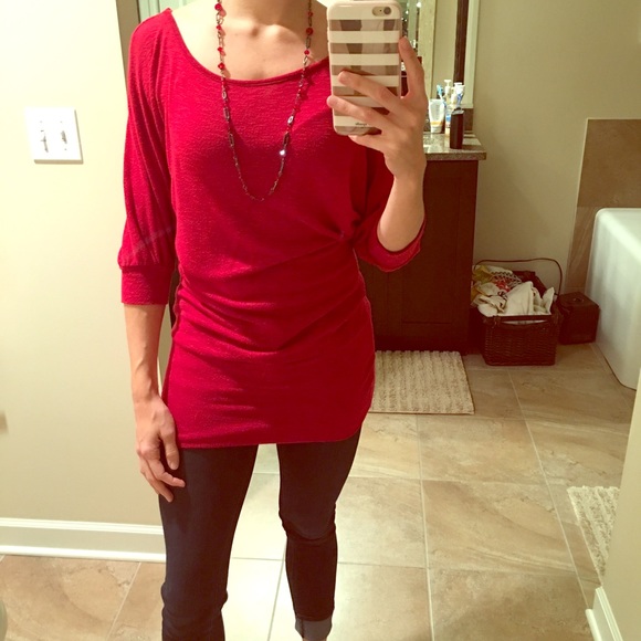 Long red shirt with cinched waist