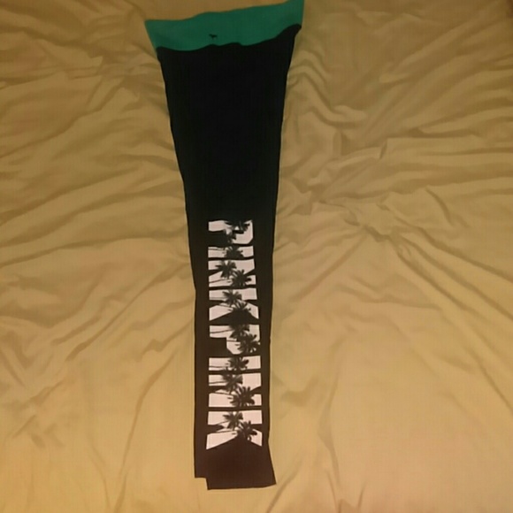 Pink leggings with green/blue waist band