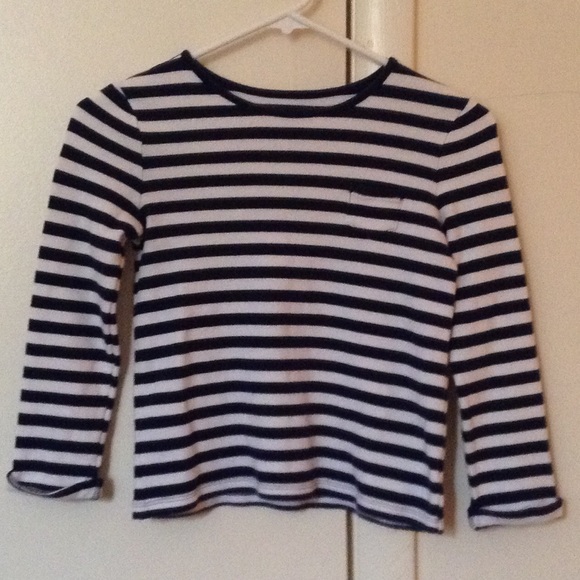 Navy Blue and White Striped Long Sleeve Pocket Tee