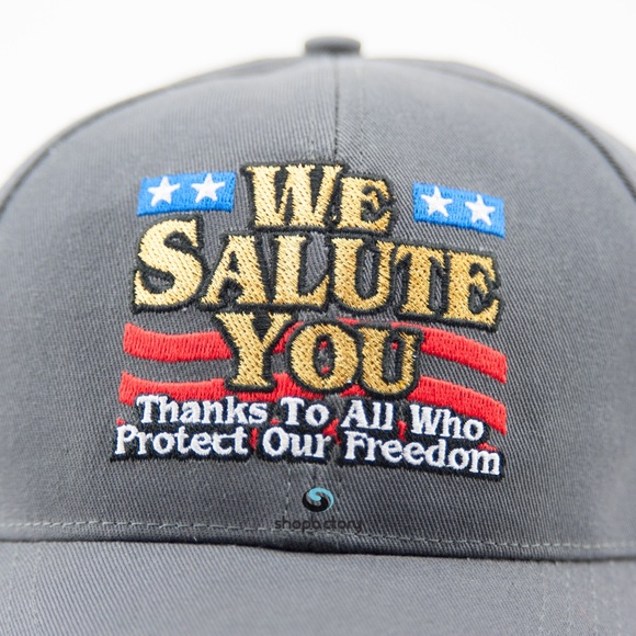 "We Salute You" Grey Military Cap Red White & Blue - Picture 2 of 2