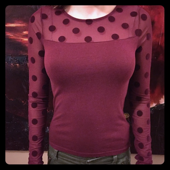 Wine Long Sleeve Shirt with Polka-Dot Detailing 👕
