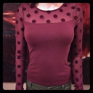 Wine Long Sleeve Shirt with Polka-Dot Detailing 👕