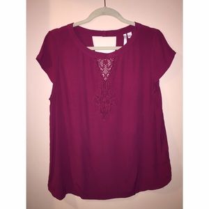red/wine blouse with lace detail and back cut out